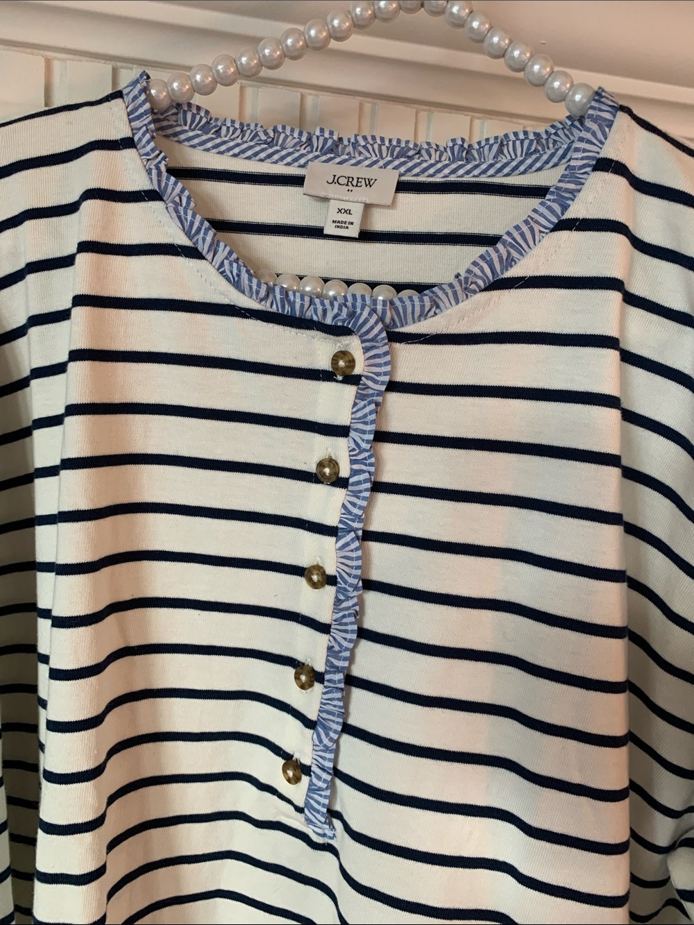 Never Worn J. Crew White/Navy Striped Button Henley Top w  Ruffle Accent Size 2X